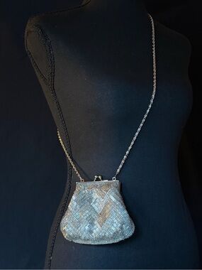 Vintage Jessica McClintock Silver Beaded Satin Evening Bag Crossbody